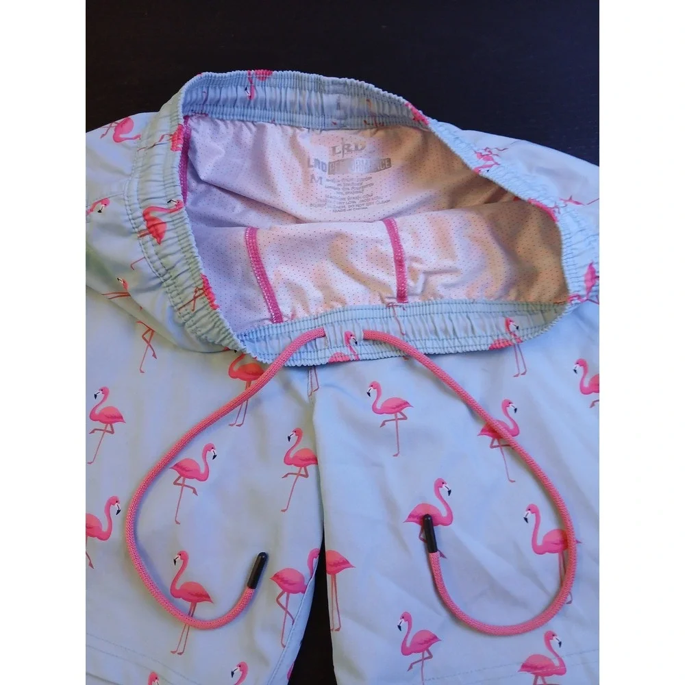 LRD Performance Mens Flamingo Print Swim Trunks Blue Pink Compression Liner Sz M